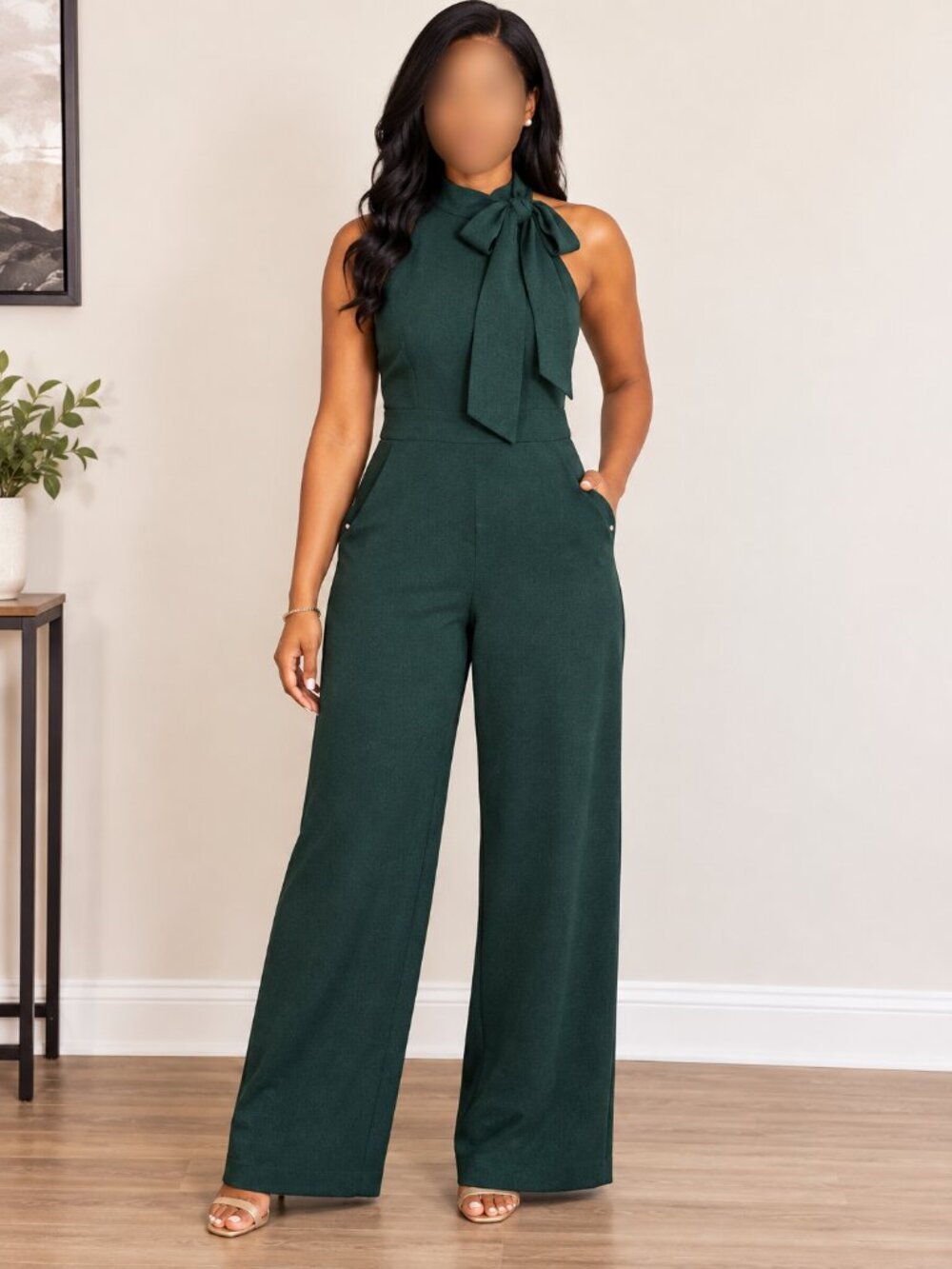 Vince Camuto Bow Neck Halter Sleeveless Wide Leg Jumpsuit Green 4